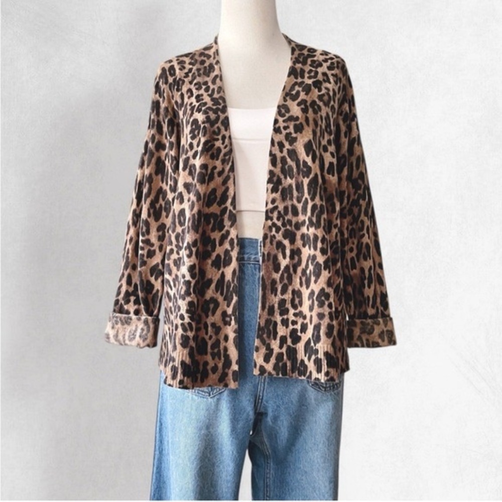 Charter Club Cashmere Animal Leopard Print OpenFront Cardigan